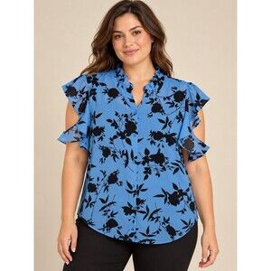 Calvin Klein Women’s L Blue Black Floral Blouse Ruffle Sleeve Button Up Top E